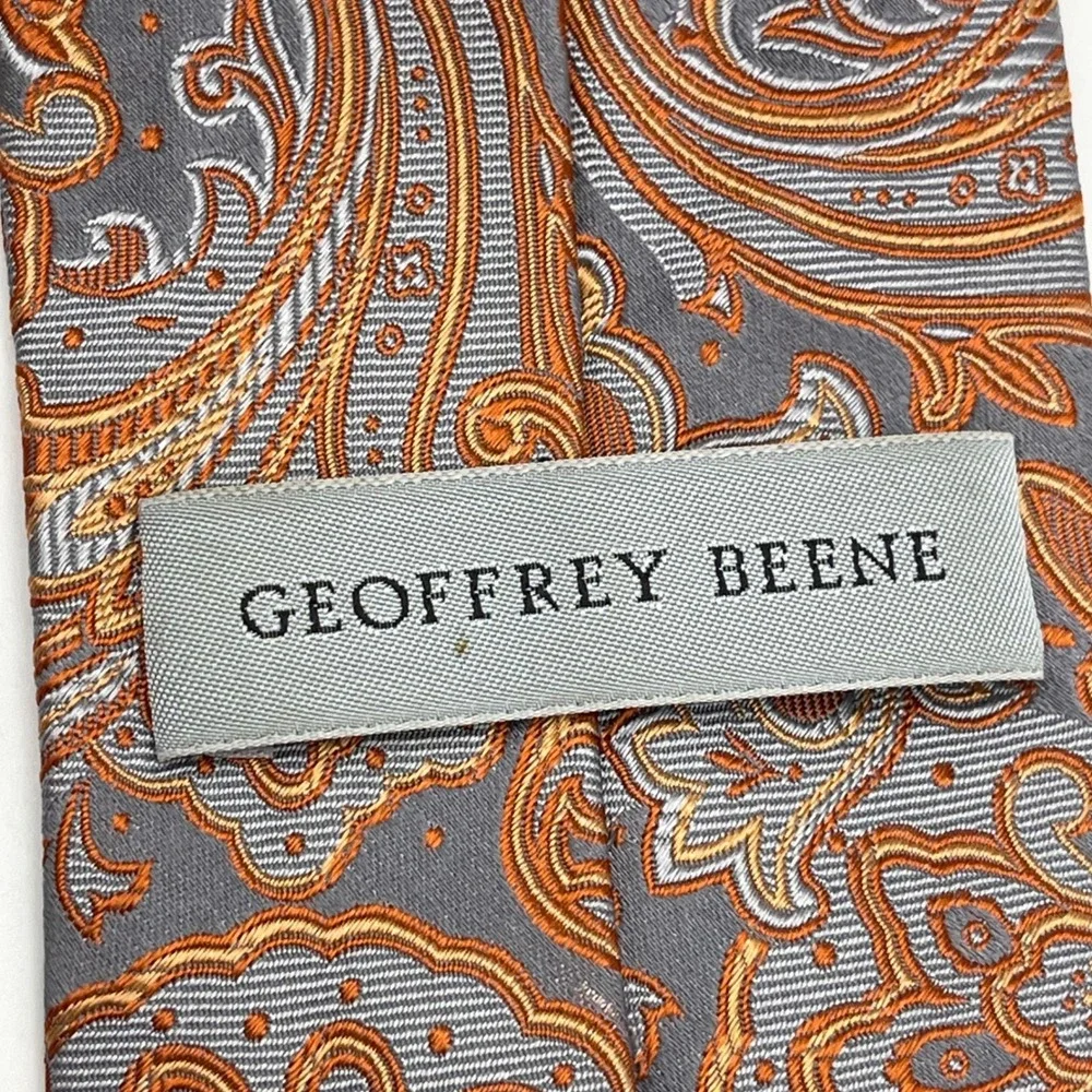Vintage Geoffrey‎ Beene 100% Necktie Tie Grey Orange Paisley Jacquard Retro Mod